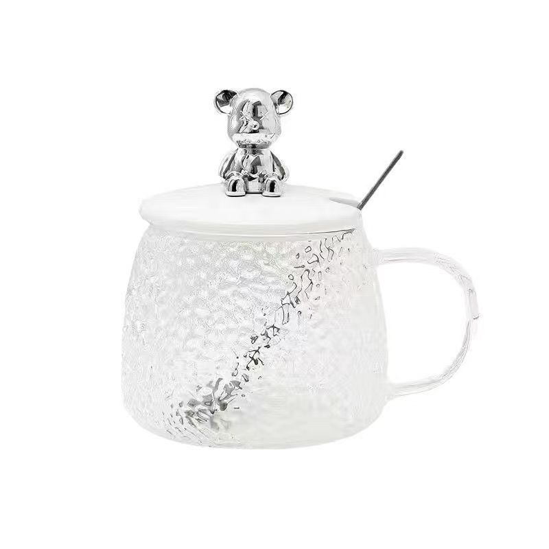 "Hammer Texture Meets Cute Bear! Glass Water Cup with Spoon, Start Your Delicate Drinking Time"

