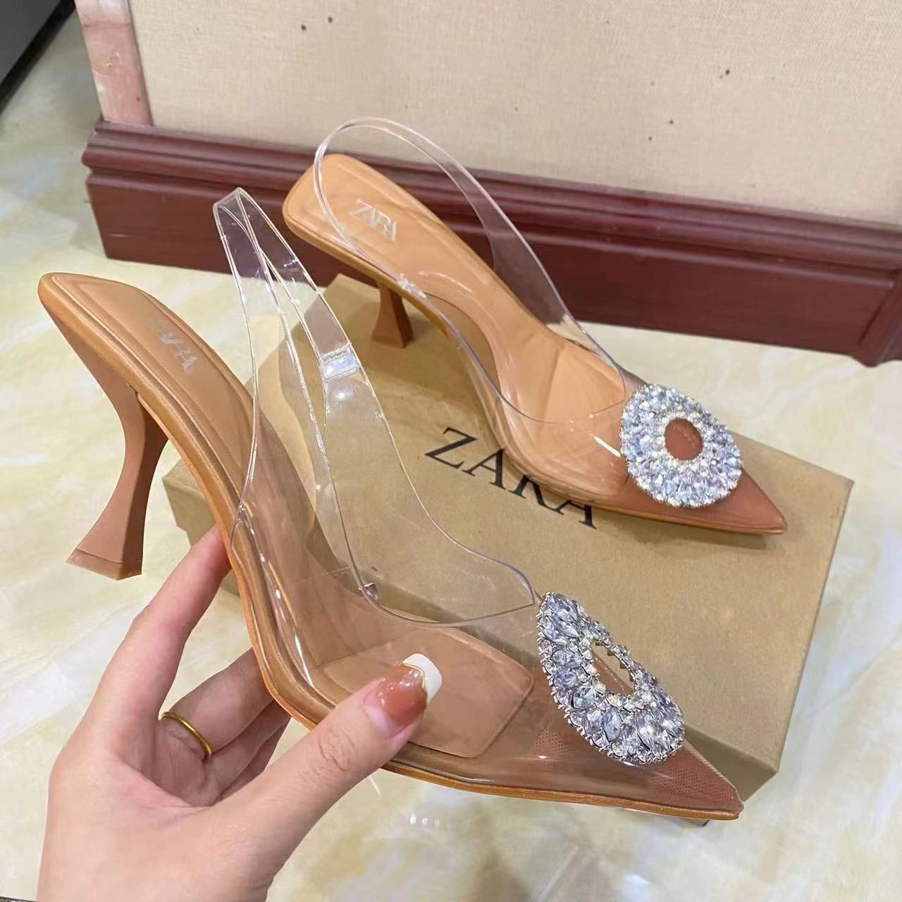 ZA new 2024 pointed slender heels bright decorative women's shoes transparent high heels Sun buckle water brick transparent finish Mueller women's shoes