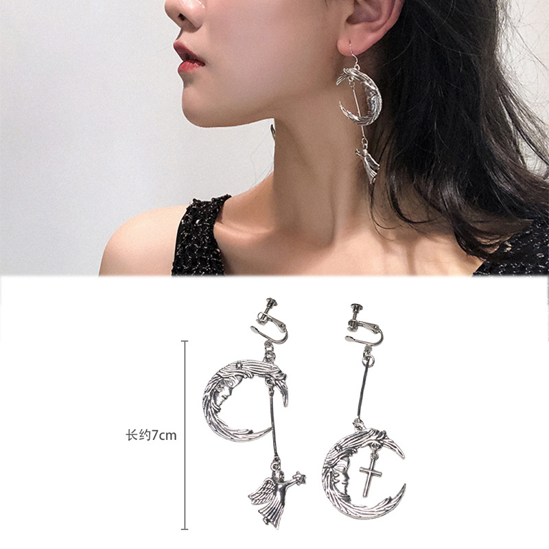 20195202004 New Korean Version Of The Geometric Punk Retro Moon Cupid Angel Cross Combination Temperament Simple Personality Long Earrings