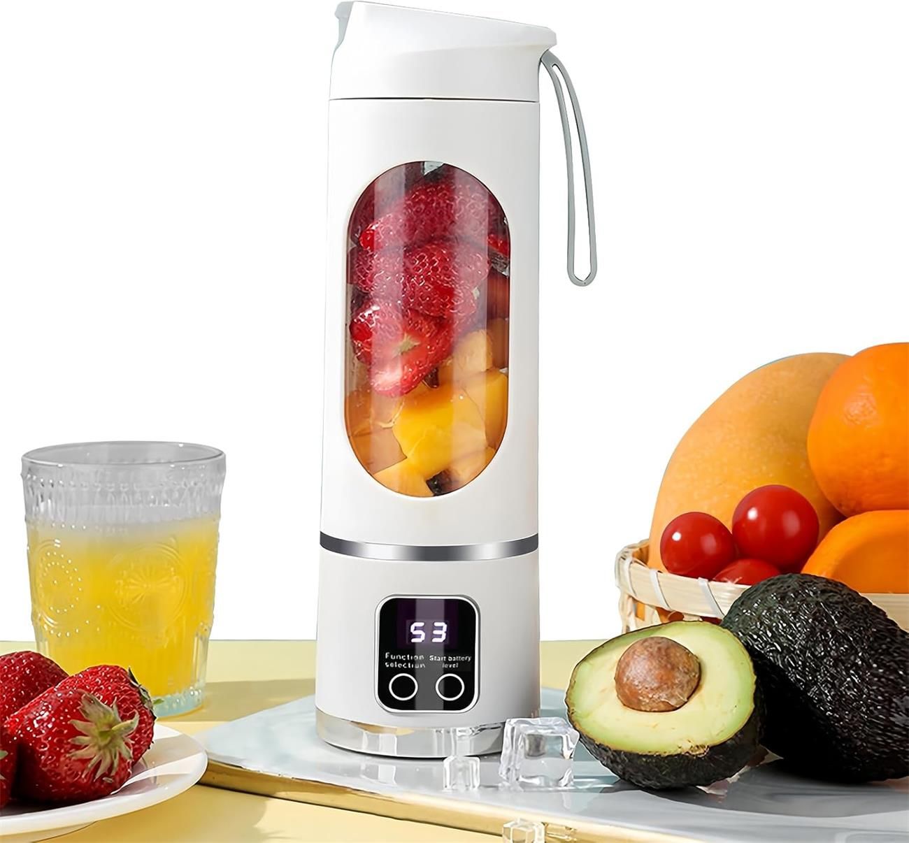 Portable Blender - 12-Blade Mini Ice Crusher with Digital Display, 3 Modes, Easy-to-Clean, 15.22oz Portable Mixing Cup, Perfect for Fresh Juice at Home or On-the-Go (white)