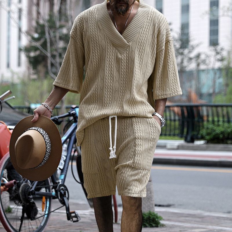 New European American Casual Loose Seven Quarter Sleeve Jacquard Knitted Sweater Top Shorts Men's Clothing Sets Two-Piece Outfitskhaki