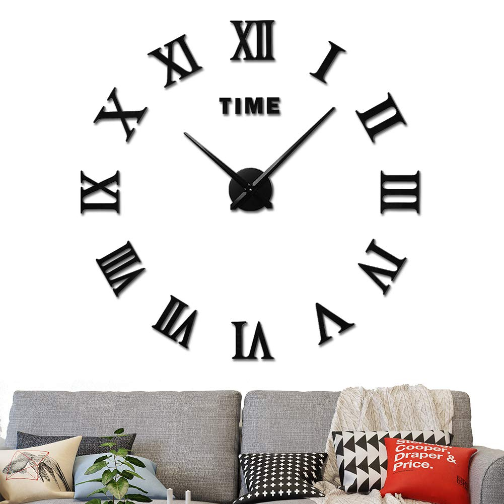 w010 Large 3D DIY Wall Clock, Giant Roman Numerals Clock Frameless Mirror Big Wall Clock Home Decoration for Home Living Room Bedroom Wall Decorations
