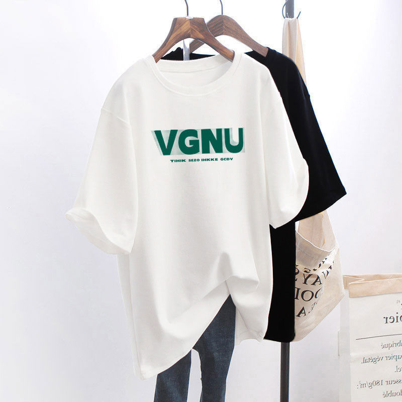 Women's Summer New White Letter T-Shirt Loose Medium Length T-Shirt