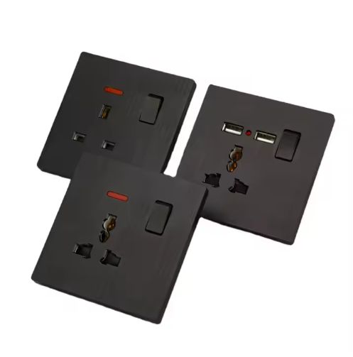 High-Quality Wall Black PC Three-pin Sockets and Light Switches UK Double Socket Switches