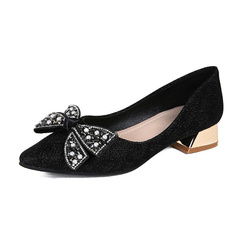 Heel Shoe Lady Heel Shoe Women's Summer Style Coarse Heel New Bow Water Diamond Shallow Mouth Large Women's Shoes