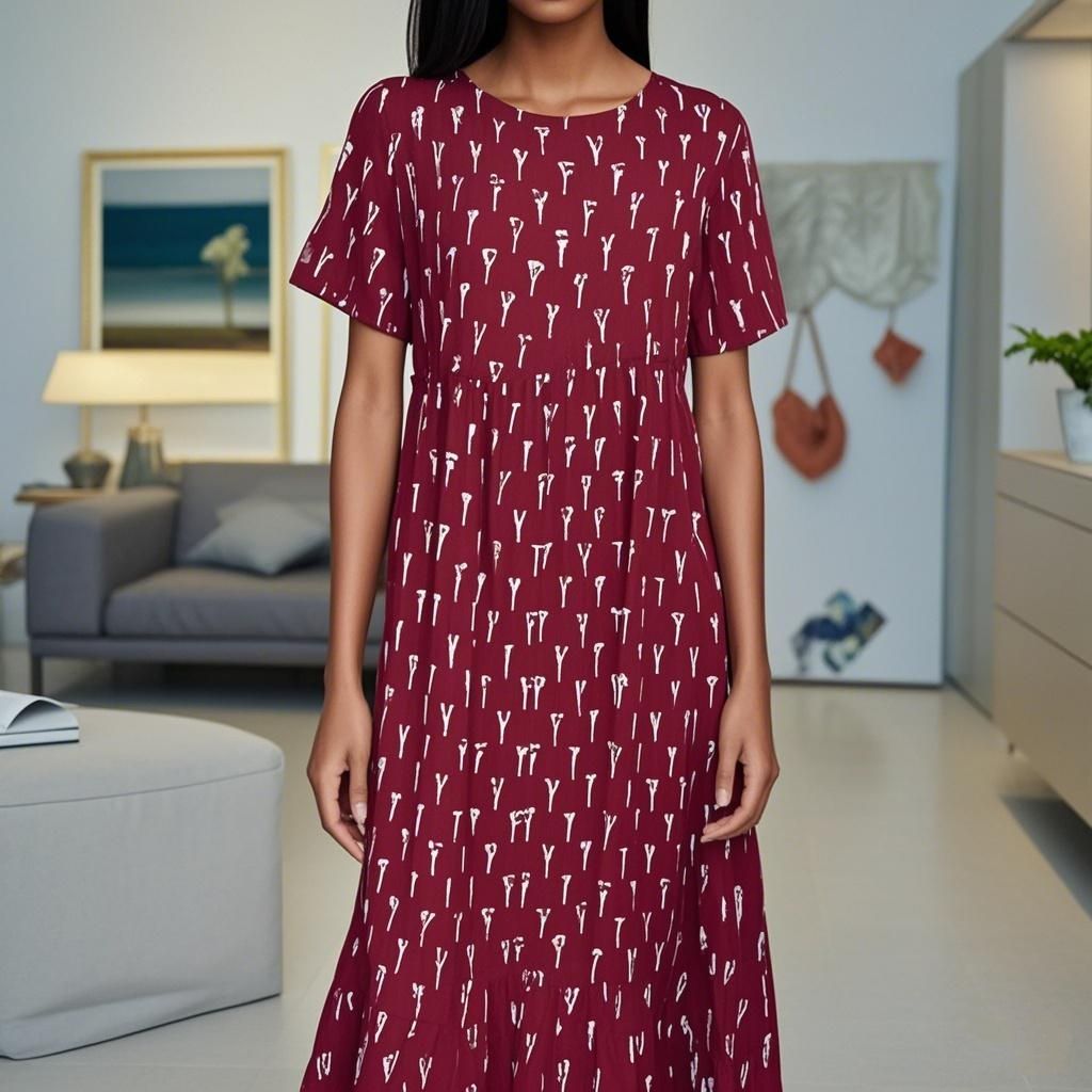 92% Silk Round-Neck Printed Red Women's Dress
