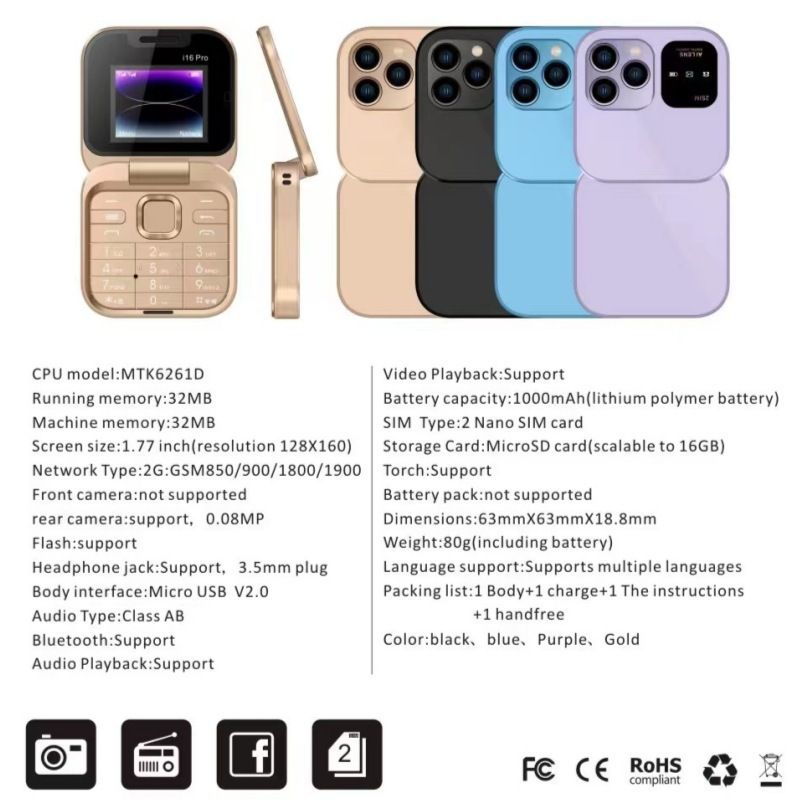 Mini Flip Phone Cross border i16 Pro Flip Phone Dual SIM 2G Button Mini Foreign Trade Phone