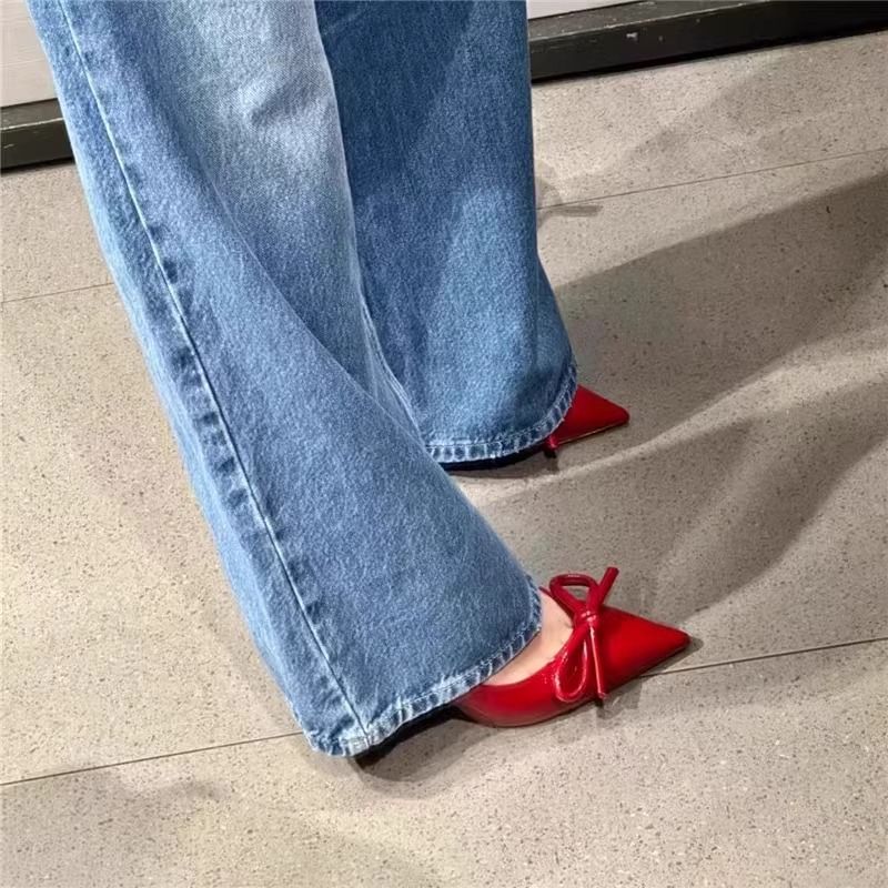 European and American style bow high-heeled pointed-toe sandals for women in summer 2025, red patent leather pointed-toe mules single shoes