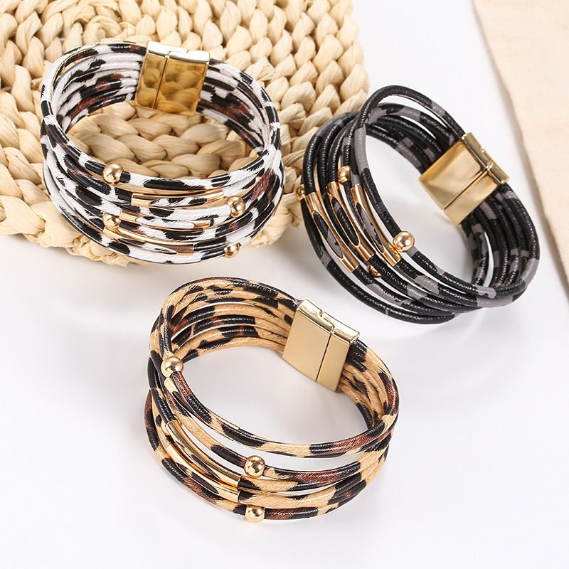 Multi-layer Leopard Print Leather Bracelet, Fashion Magnetic Buckle Alloy Wrist Jewelry With Fine Bead Decoration, Soft Leather Strap Design, Versatile Daily Casual Stylish Accessory, 3 Color Optional Styles, Durable Comfortable Wearing Bangle, Minimalist Trendy Daily Outfit Wrist Ornament For Daily Fashion Matching