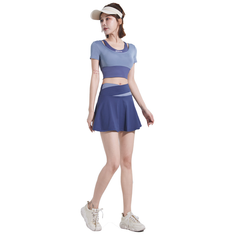 DQ-18 Women's Sports Short-Sleeved Running Fitness Suit, Color-Block Fake Two-Piece Short Skirt, Quick-Drying Anti-Walking Shorts