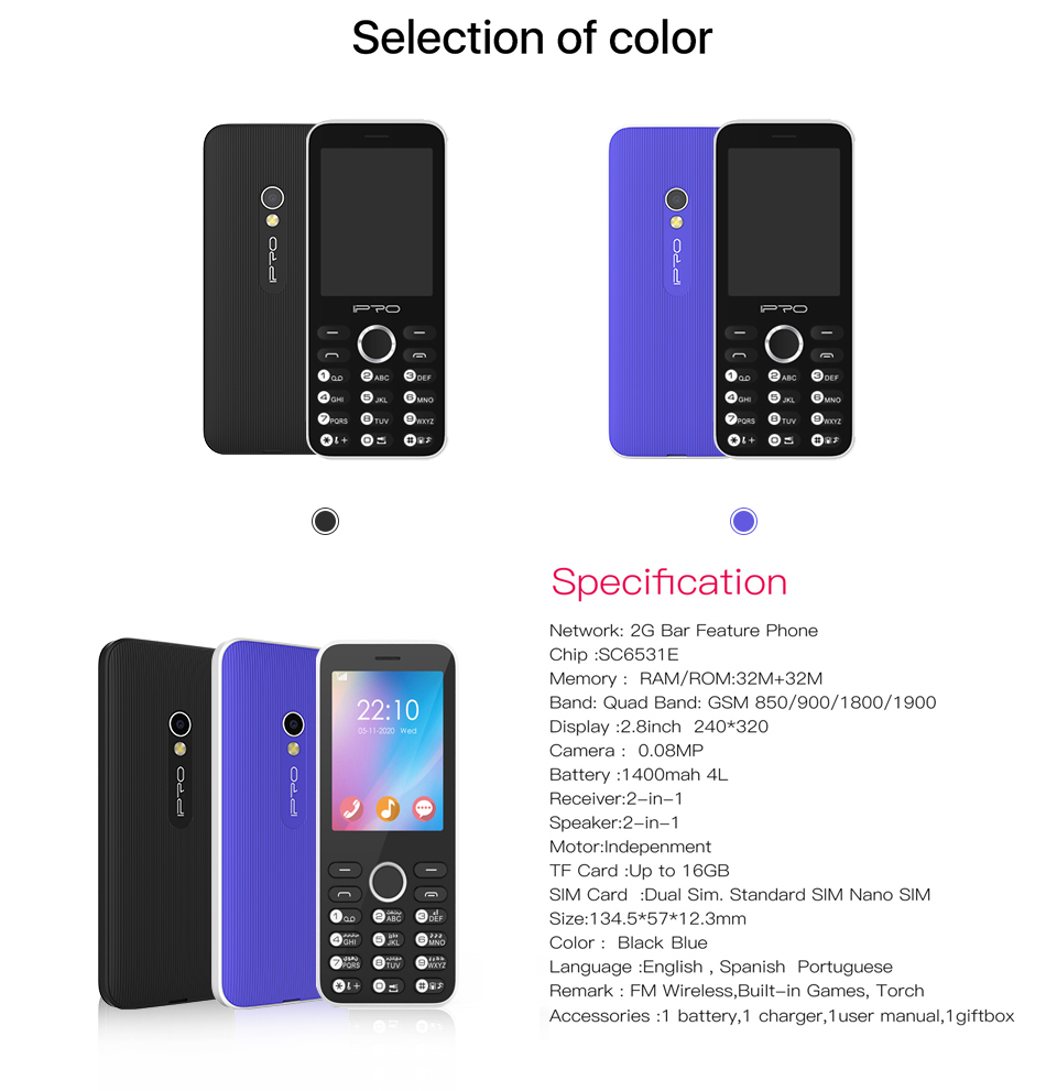 IPRO A29 2.8" 1400mAh Battery MP3 Player Dual SIM Flashlight inteligente Celulares 2G Celular Feature Phone
