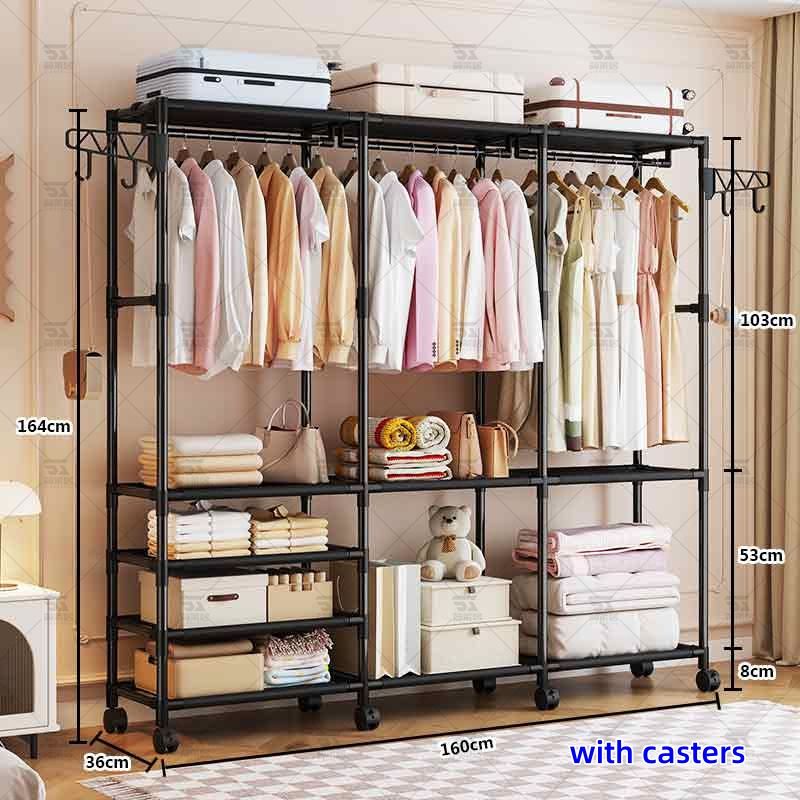 Multi functional coat rack, floor standing double row clothes rack, hanger, drying rack, durable, multi purpose