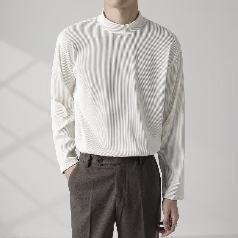 QSCZ T57 Men's Autumn Versatile Half High Neck Long Sleeve T-Shirt Pleated Solid Color Top
