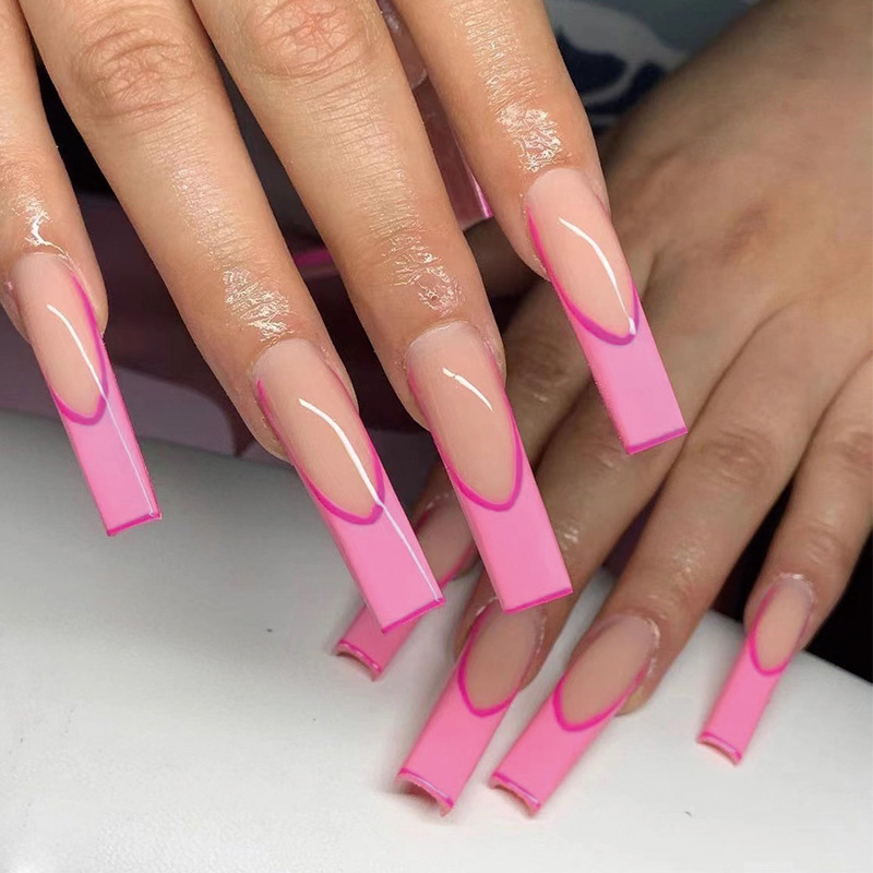 JP1731 24 Pcs Glossy Press on Nails, Super Long Coffin French Simple Fake Nails, Full Cover Artificial False Nails for Women and Girls
