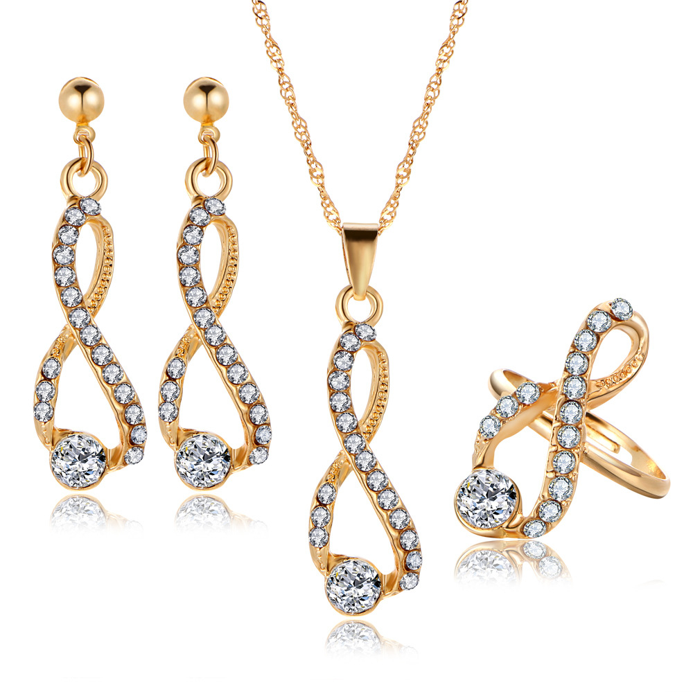 GEE01-04 3PCS Fashion Women Necklace Earrings Ring Jewelry Sets Crystal Rhinestone Gold Color Wedding Party Jewelry Sets For Women