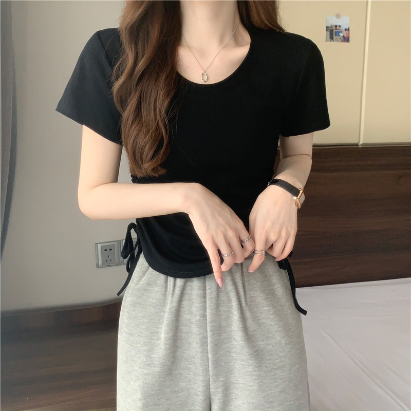 420 Women's Loose Crewneck Drawstring Slim Short Sleeve T-shirt