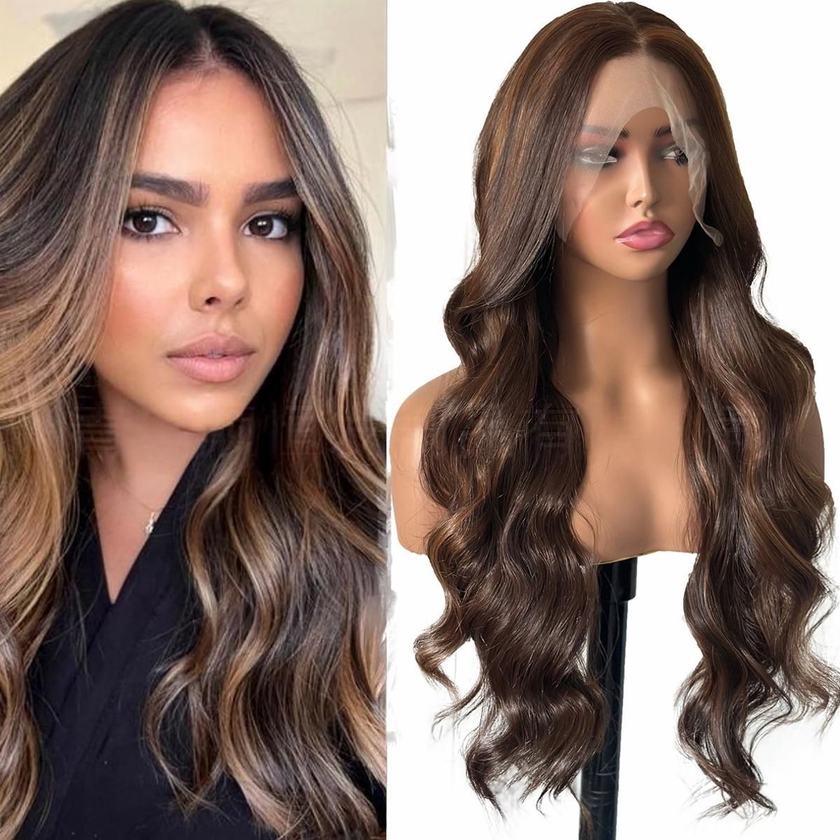 HAIR Black Wig for Women, Long Wavy Lace Hairline Wig, 18 Inch Middle Part Synthetic Heat Resistant Wig for Daily Party