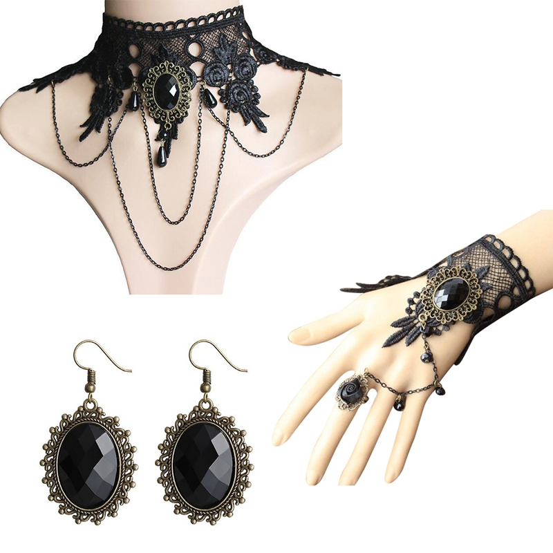 SC63176 Boho Jewelry Sets Women Vintage Gothic Earrings Sets Halloween Women Jewelry Set Lace Choker Necklace Ring Hand Bracelet Sets