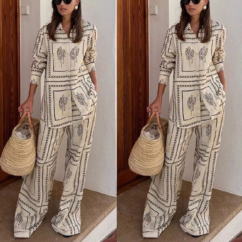 2421 2422 Printed Shirts Two Piece Set Women Long Sleeve Lapel Shirts High Waist Wide Leg Pants Suit For Women Home Wear Outfits Clothing