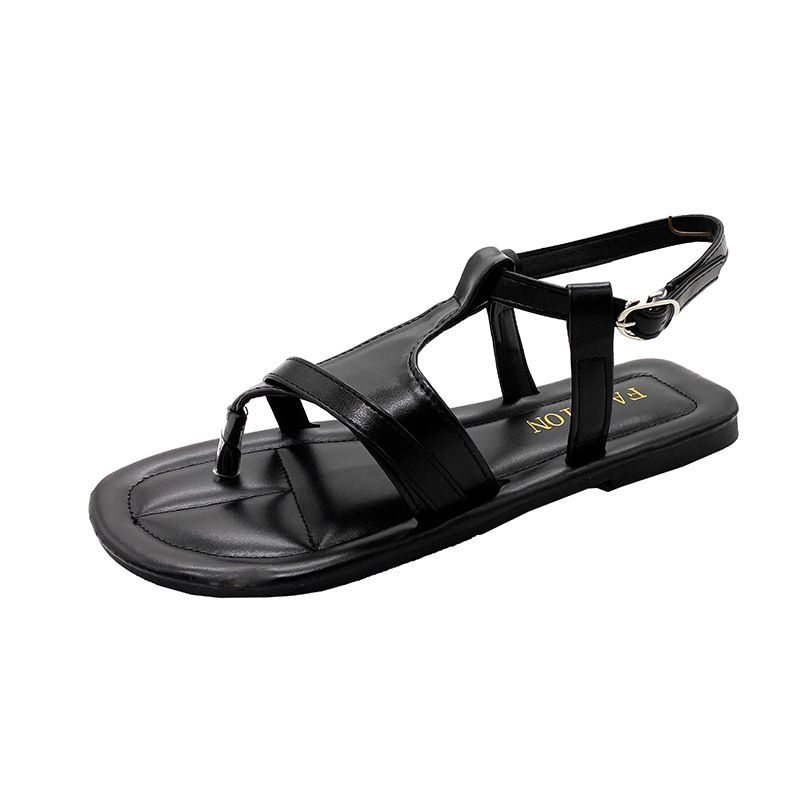 Clip-toe casual flat sandals for women to wear 2025 summer new round - toed buckle flat Roman shoes