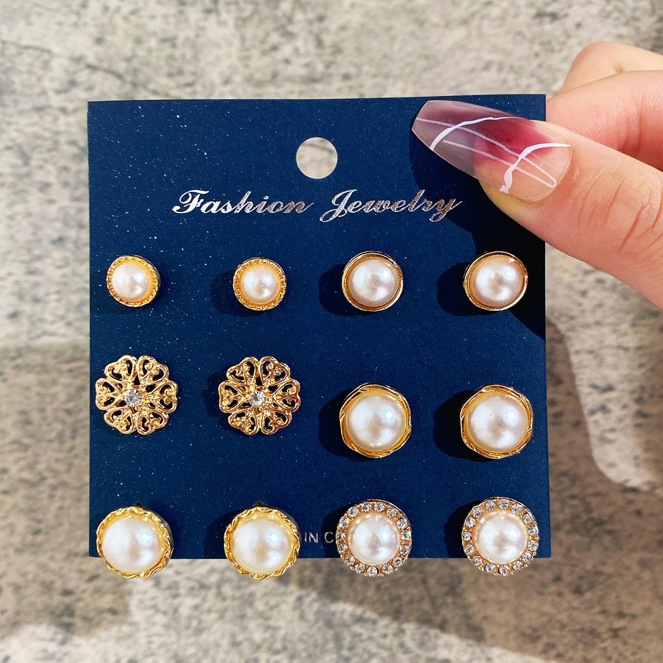 GCA06-04 Gold Color Flower Hollow Stud Earring Vintage Crystal Simulated Pearl Earrings Set For Women Wedding Jewelry 6 Pairs/Set