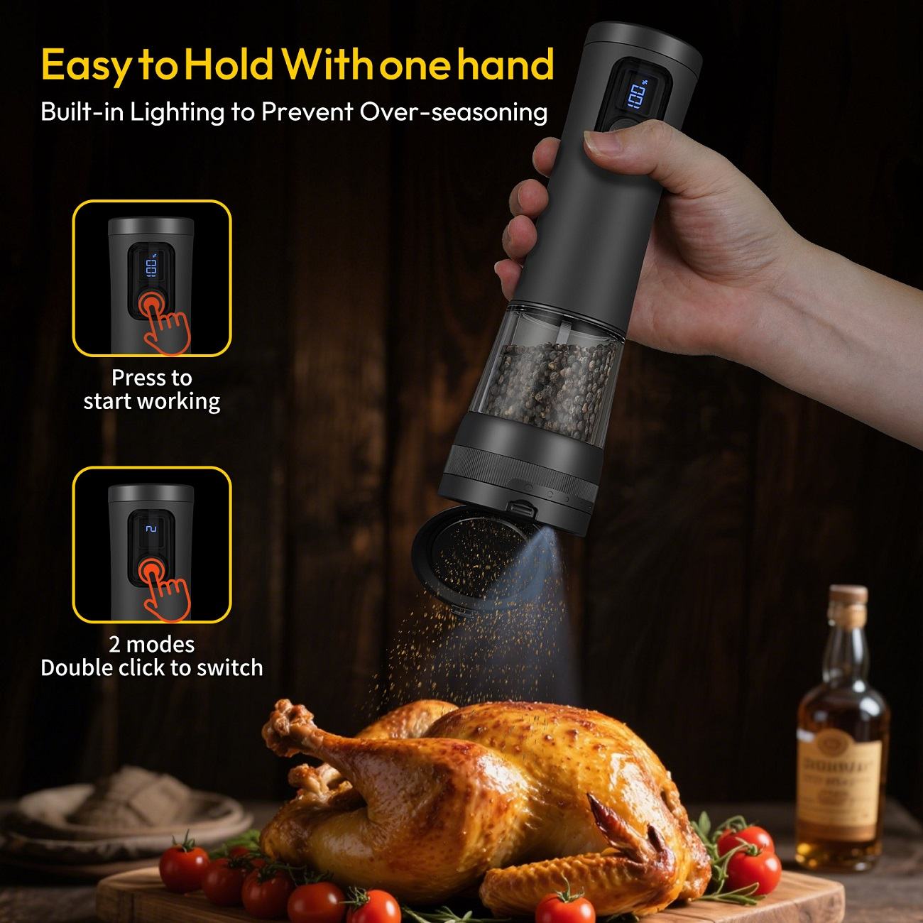 Rechargeable Electric Pepper Grinder, Automatic Salt & Spice Mill with LED Display, Adjustable Coarseness, USB Rechargeable, Kitchen Tool for Pepper, Salt, Spices, Black
