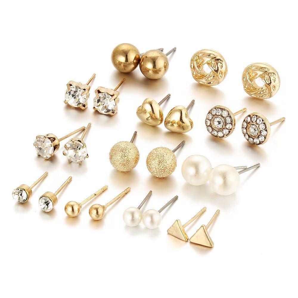 Fashion Earrings Set 12 Pairs Zircon Crystal Heart Triangle Earrings Jewelry Gold Silver