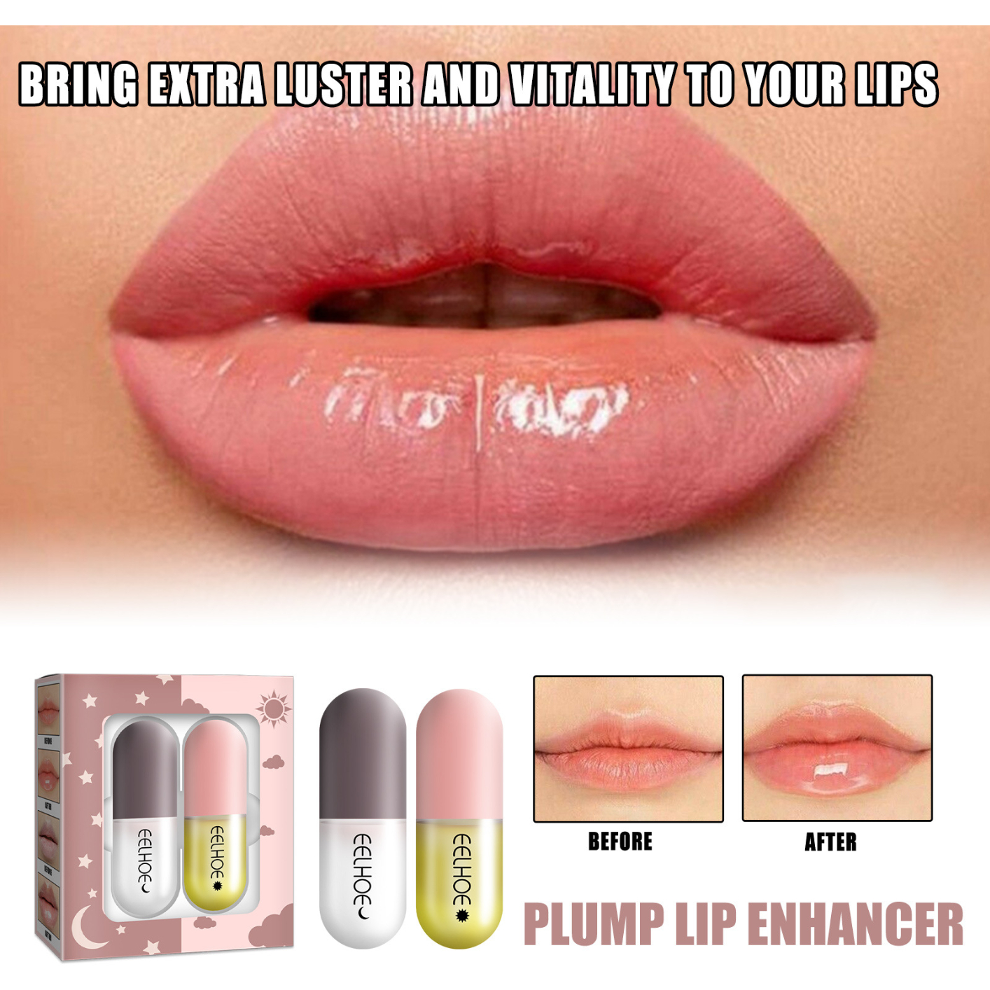 2PCS 5.5ML Lip Plumper Set, Day and Night Lip Plumper Gloss/Plumping Lip Balm/Lip Cosmetics Lip Mask for All Day