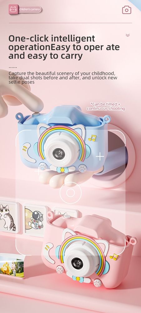 New children's Polaroid camera with anti fall and eye protection, capable of taking photos, cartoon cute digital mini, popular giftpink