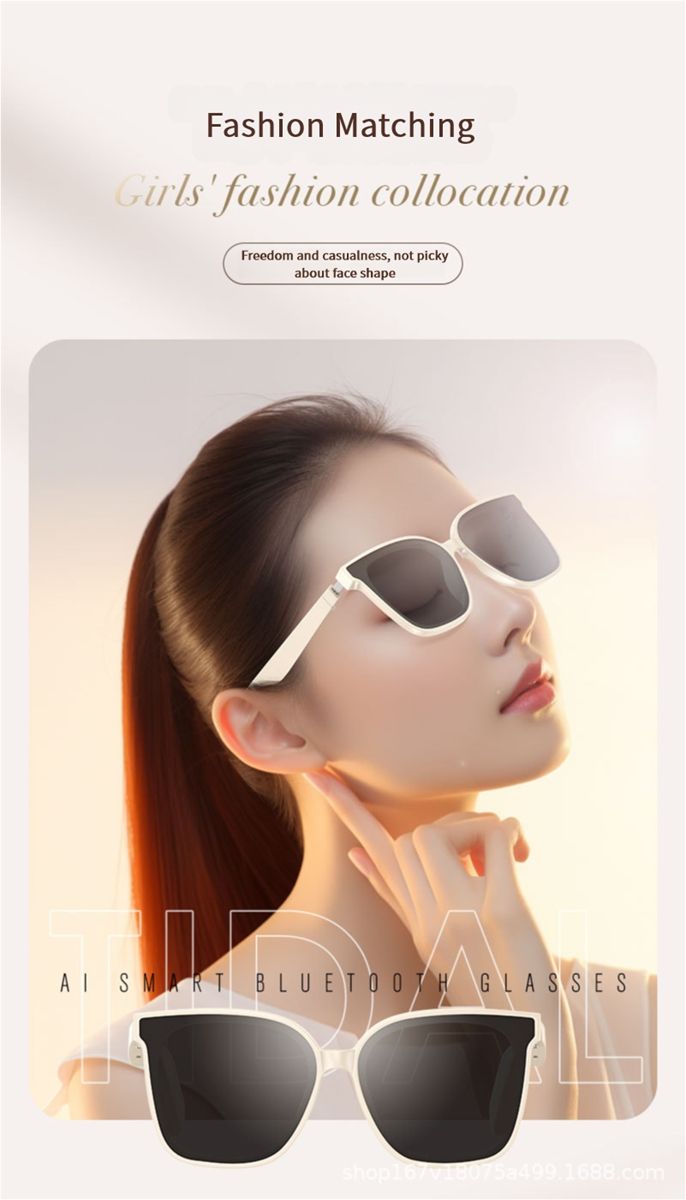 AI smart sunglasses with Bluetooth, polarized lenses, UV and blue light protection, music and call functionality, transparent design, and interchangeable lenses.