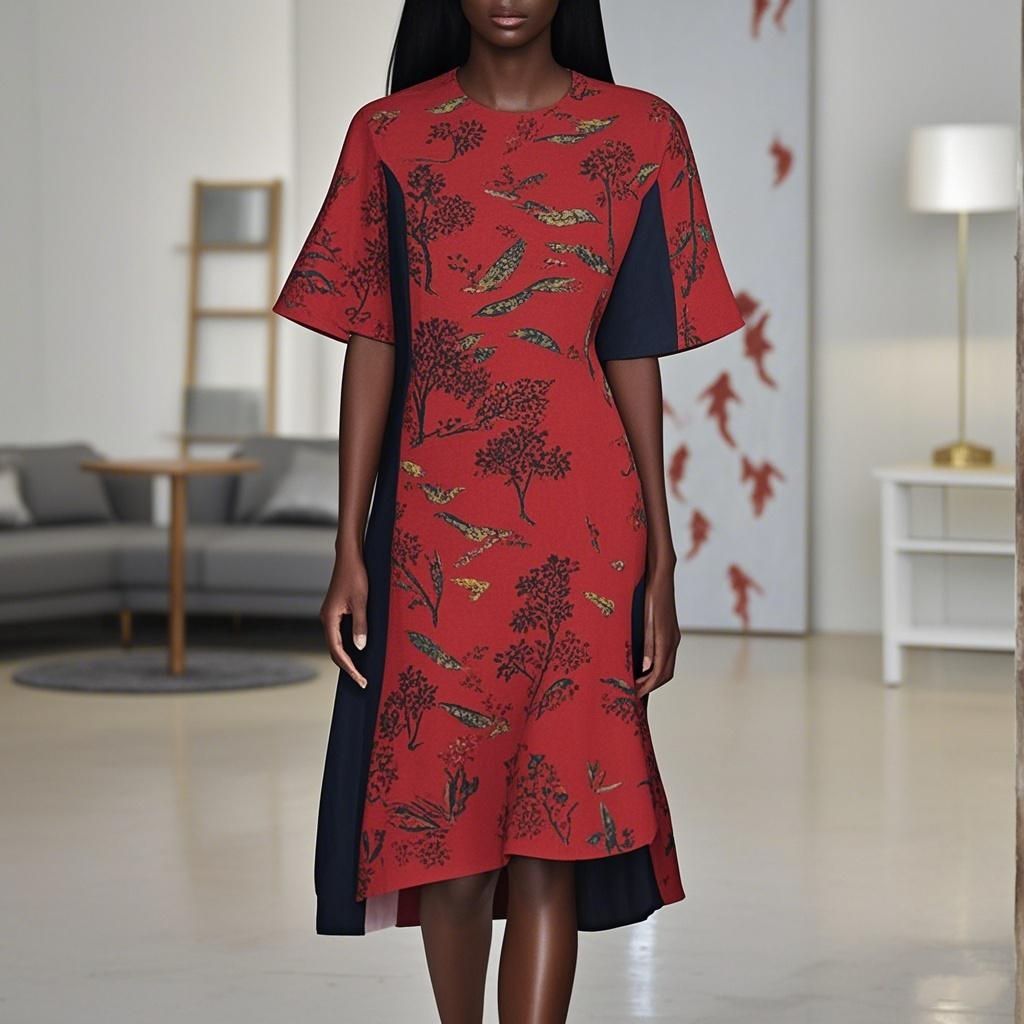 92% Silk Round Neck Symmetrical Landscape Printed Women's Dress
