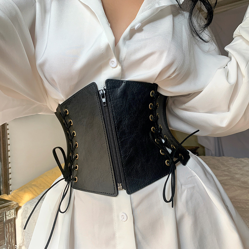 HJ22660 Corset Belt for Women Lace up Leather Belt Wide Waist Belt Elastic Tied Waspie Belt with Zip Closure for Dresses