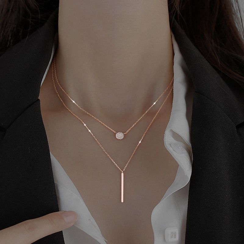 Geometric long strip sparkling diamond circular double-layer necklace CRRSHOP Multi layer necklace free shipping