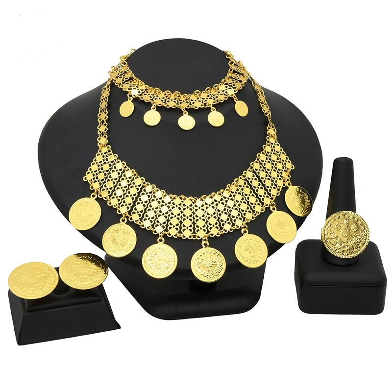 New 4-in-1 Earring Necklace Bracelet And Ring Jewelry Set-Golden