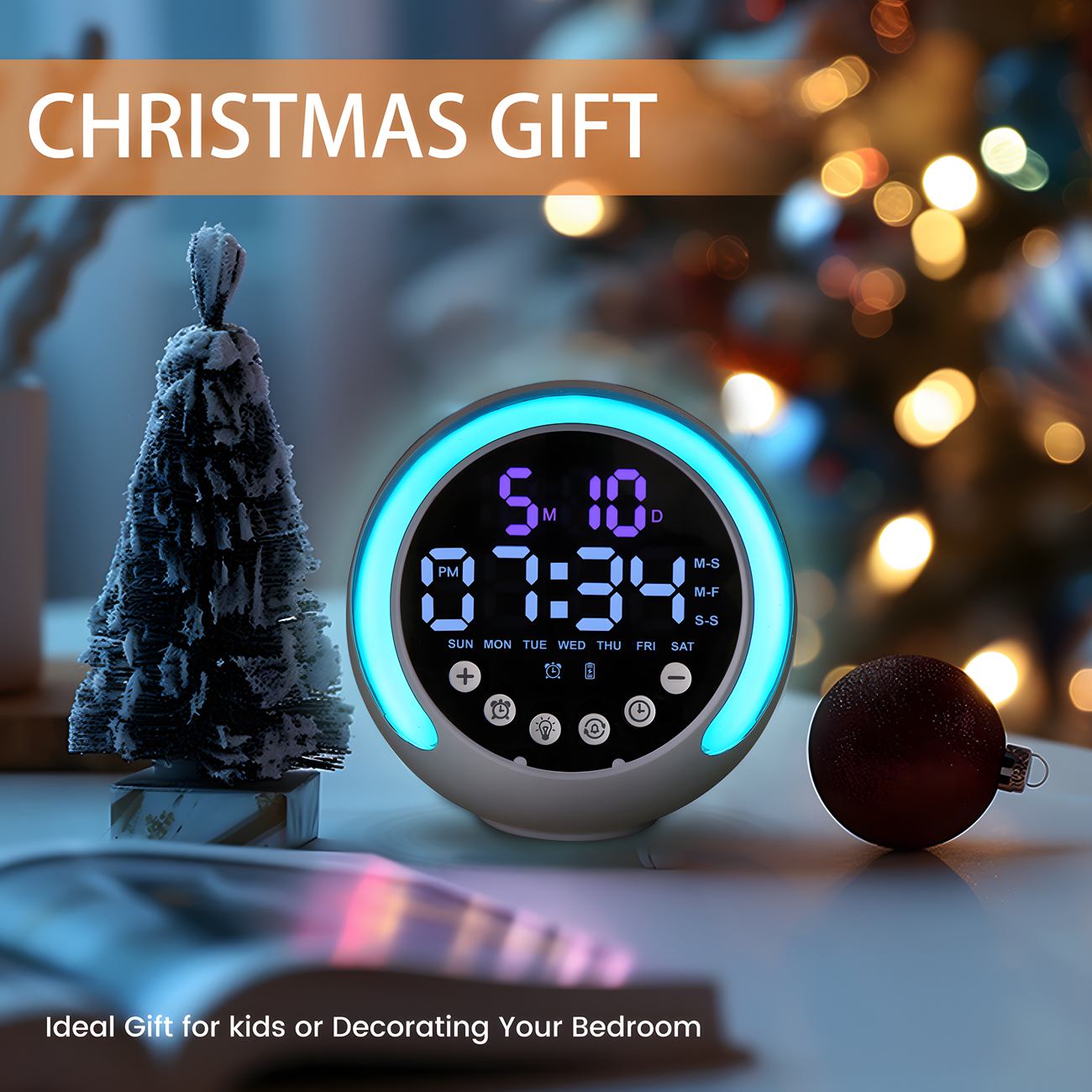 Multifunctional Kids Alarm Clock Night Light RGB with Wake Up Light with Calendar Weekday Weekday
