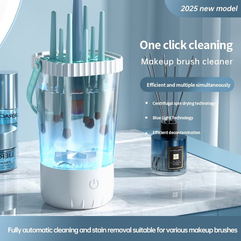 Automatic Makeup Brush Cleaner, USB Rechargeable Electric Brush Washer with Centrifugal Spin & Blue Light, Portable Cosmetic Brush Cleaning Tool for All Brush Types
