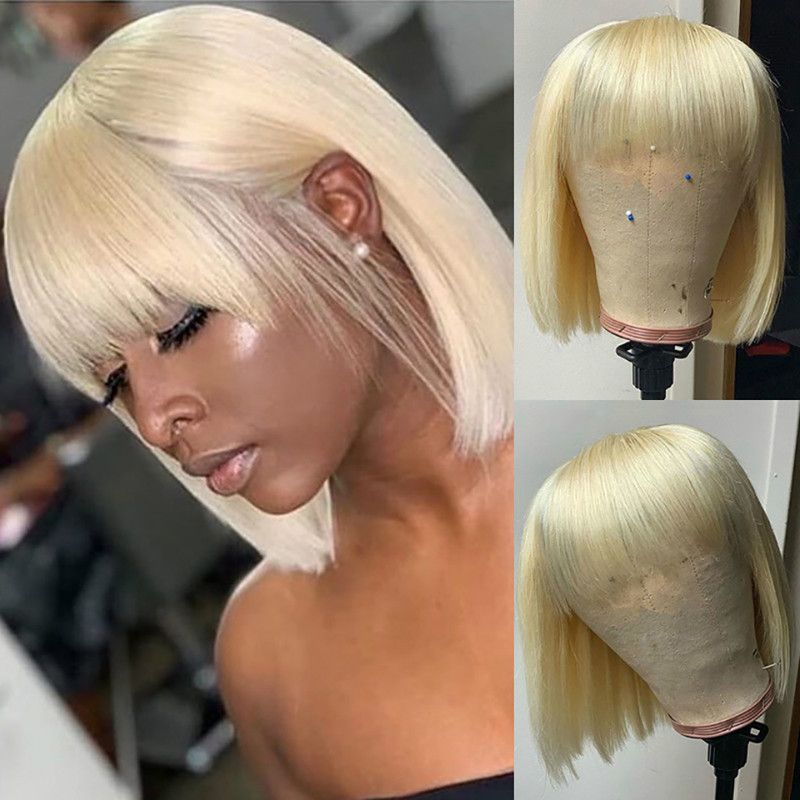 2025 New Western-Style Women's Light Golden Bob Wig, Fashion Short Straight Synthetic Hair Wig Cap, Cross-Border Export Wig