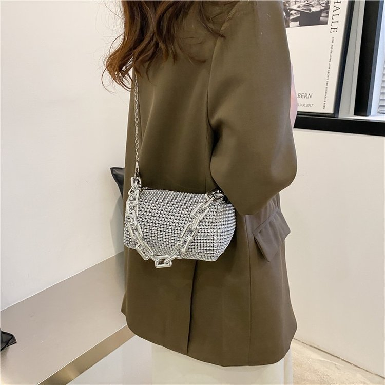 Mobile phone bag Shoulder bags female apparel bag New fashion Trendy style diamond Shoulder bag personality Crossbody bag CRRSHOP women black silvery chain Tote bag Double belt chain bag birthday gift present