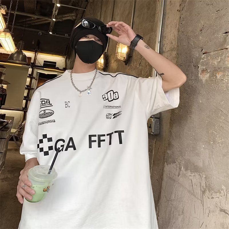 Men's Summer New Simple Fashion Round Neck Solid Color T-Shirt Letter Print T-Shirt