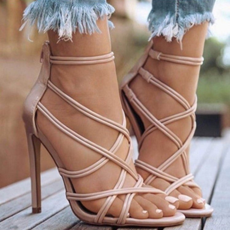 Women's Cross Strap Stiletto Sandals Trendy High Heel Zip Up Pointed Toe Sandals Open Toe Waterproof Gladiator Party Dress Shoes