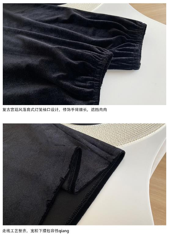 Black Long-Sleeved Golden Velvet Square Neck Shirt Light Mature Design Feel Puff Sleeve Exposed