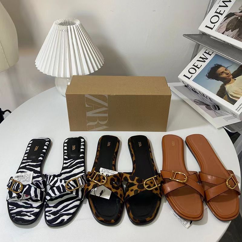 ZA new 2024 summer square flat slippers with metal buckle women's slippers comfortable light beach slippers