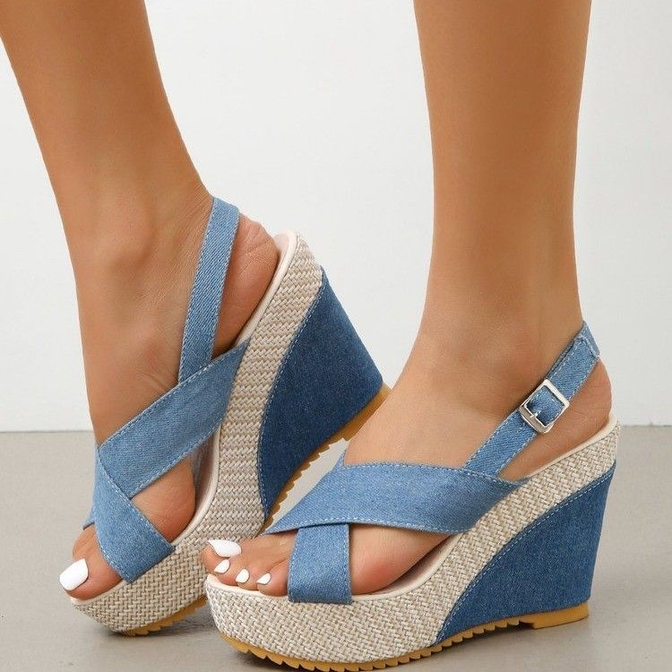 New muffin platform wedge sandals girl denim cross-buckle beach sandals L0424