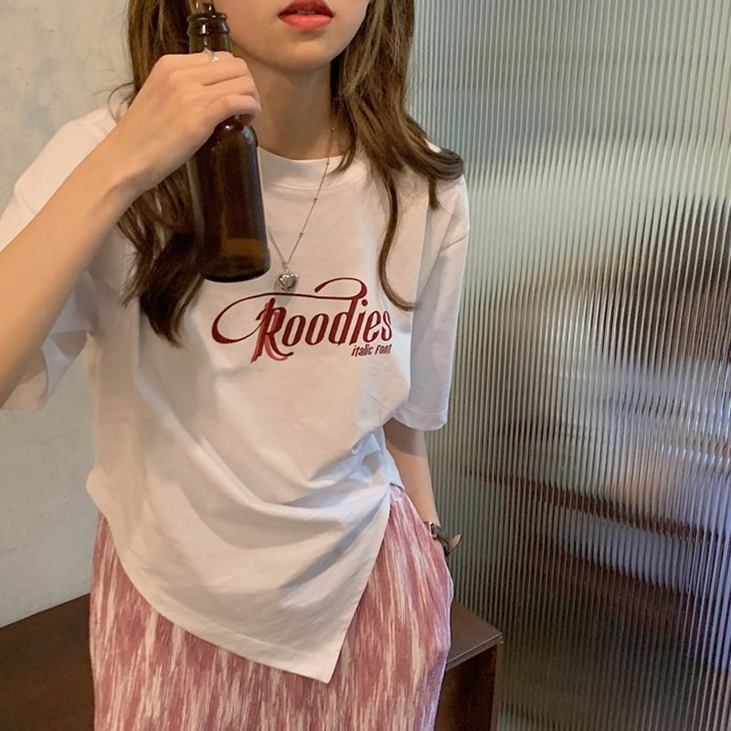 YF6521 Lrregular t-shirt for women's slim fit, slit short sleeved design with a sense of top