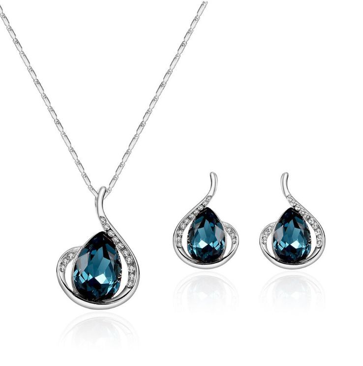 New Fashion Silver Plated Weddings Rhinestone Jewelry Set Oval Blue Gemstone Studs Earrings Necklace For Women