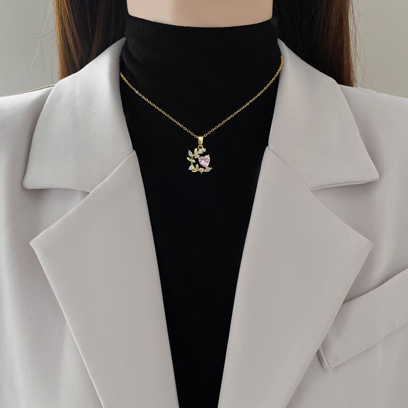 Titanium Steel Chain Pink Heart & Leaf Branch Pendant Necklace Inlaid Shiny Cubic Zirconia Luxury Elegant Women Clavicle Chain Fashion Neck Jewelry Versatile Daily Dating Party Anniversary Gift for Ladies
