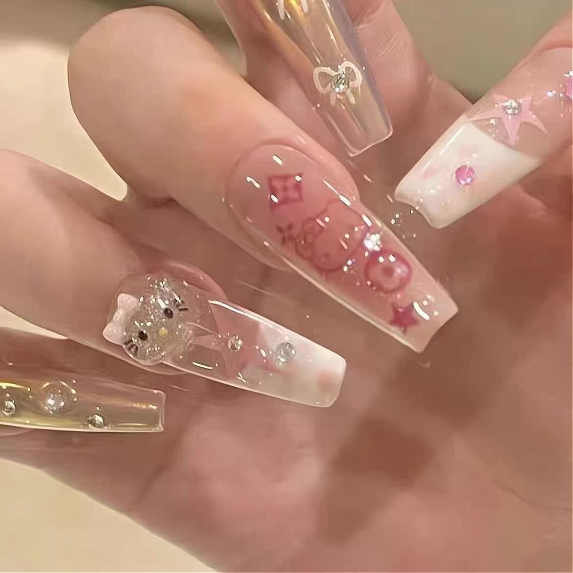 Manicure stickers, white cartoon nail stickers, kitty cat, handmade wearable nail, long ladder, French manicure, nail care tools