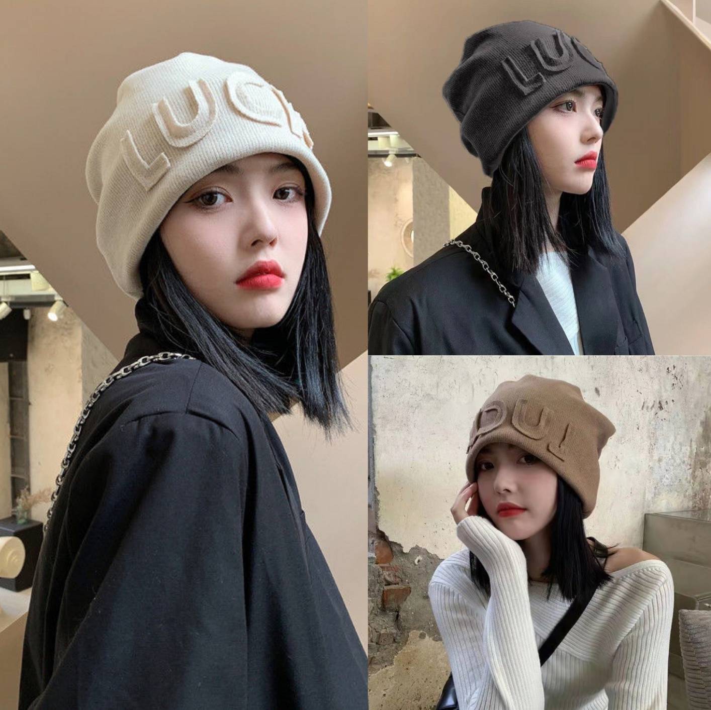 35628 Women's Autumn and Winter Knitted Hat Letter Baotou Hat Stacking Hat