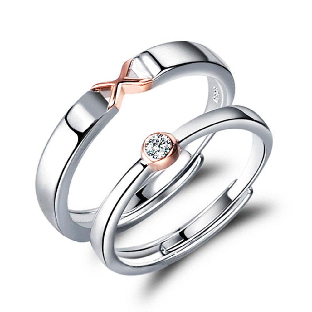 TL-130 925 Sterling Silver Couple Rings, Opening Adjustable Eternity Promise Engagement Wedding Statement Rings Simple Jewelry Gifts for Women Girls Men BFF
