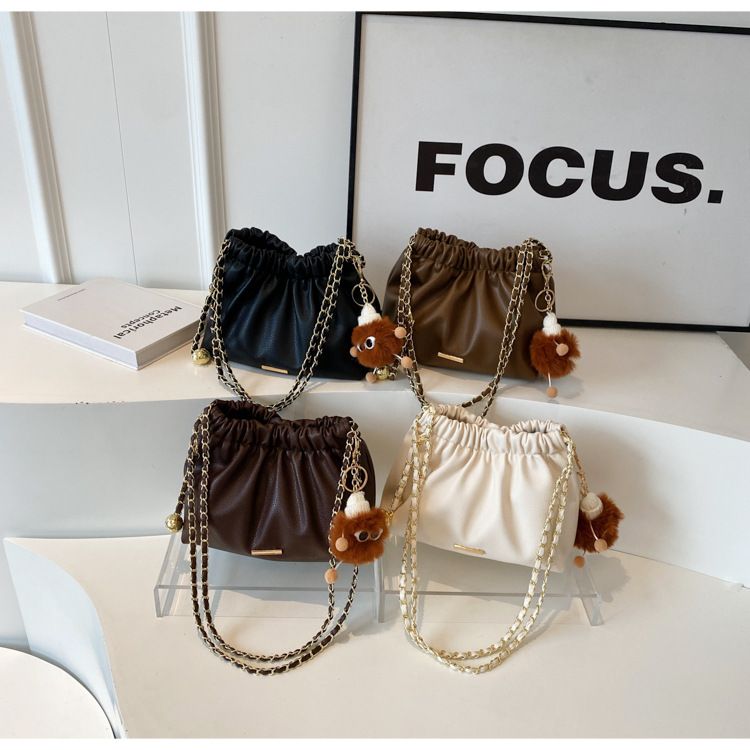 Women Fashion Textured Mini Bucket Bag Elegant Chain Single Shoulder Bag Portable Crossbody Handbag Ladies Daily Small Purse for Shopping Dating Daily Matching
